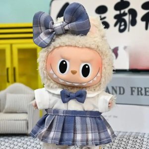 Kawaii Kledingset voor Labubu Pop – Blauw Jurkje met Strik